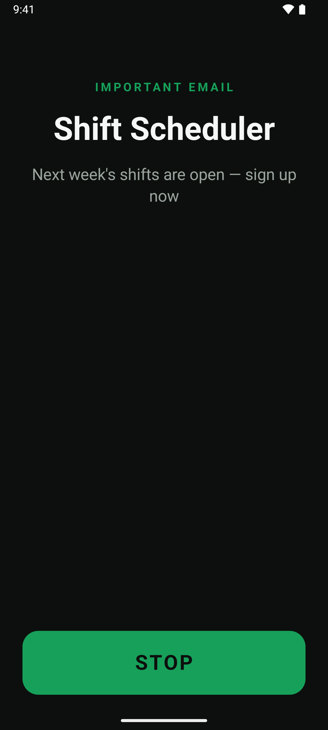 The Email Alarm alarm screen: an email from Shift Scheduler, with a large Stop button