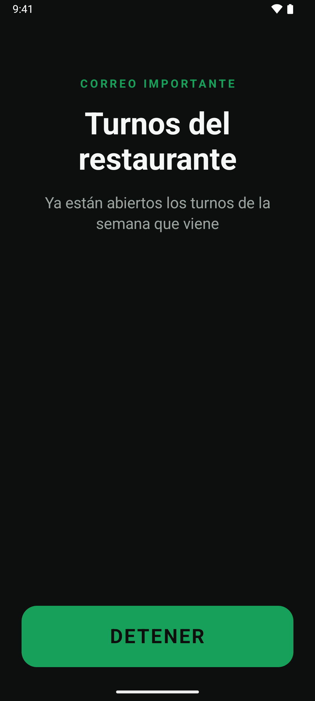 La pantalla de alarma de Email Alarm: un correo de Turnos del restaurante, con un botón Detener grande