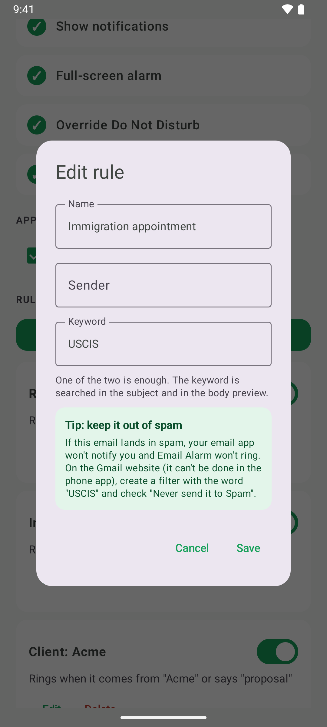 Editing a rule with the keyword USCIS, with a tip on keeping the email out of spam