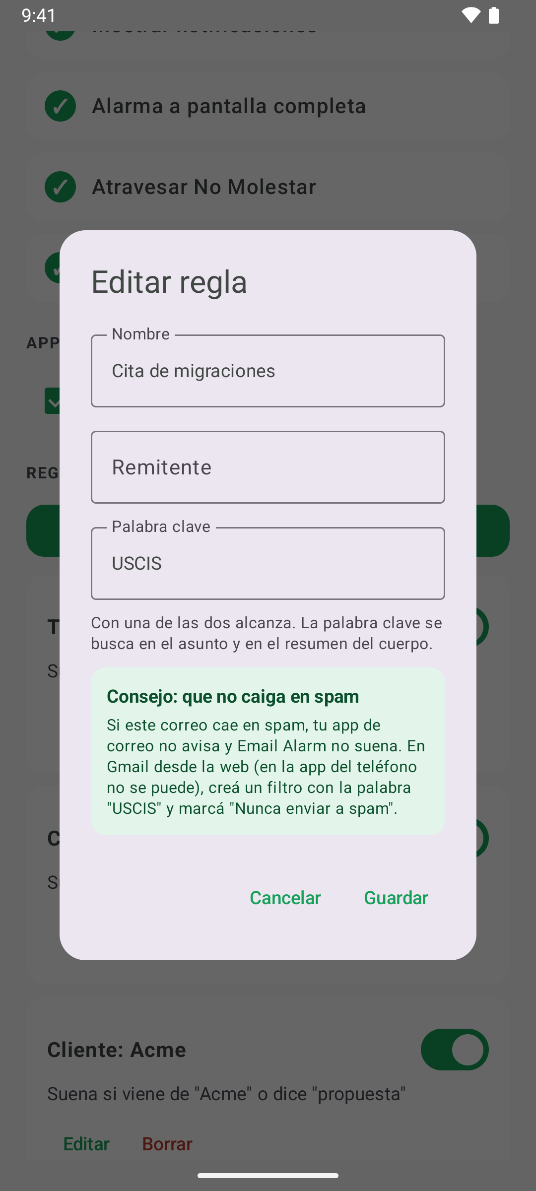 Editando una regla con la palabra clave USCIS, con un consejo para que el correo no caiga en spam
