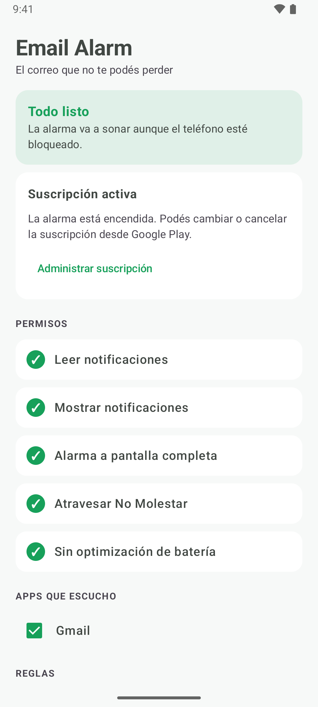 La pantalla principal mostrando Todo listo, con todos los permisos concedidos