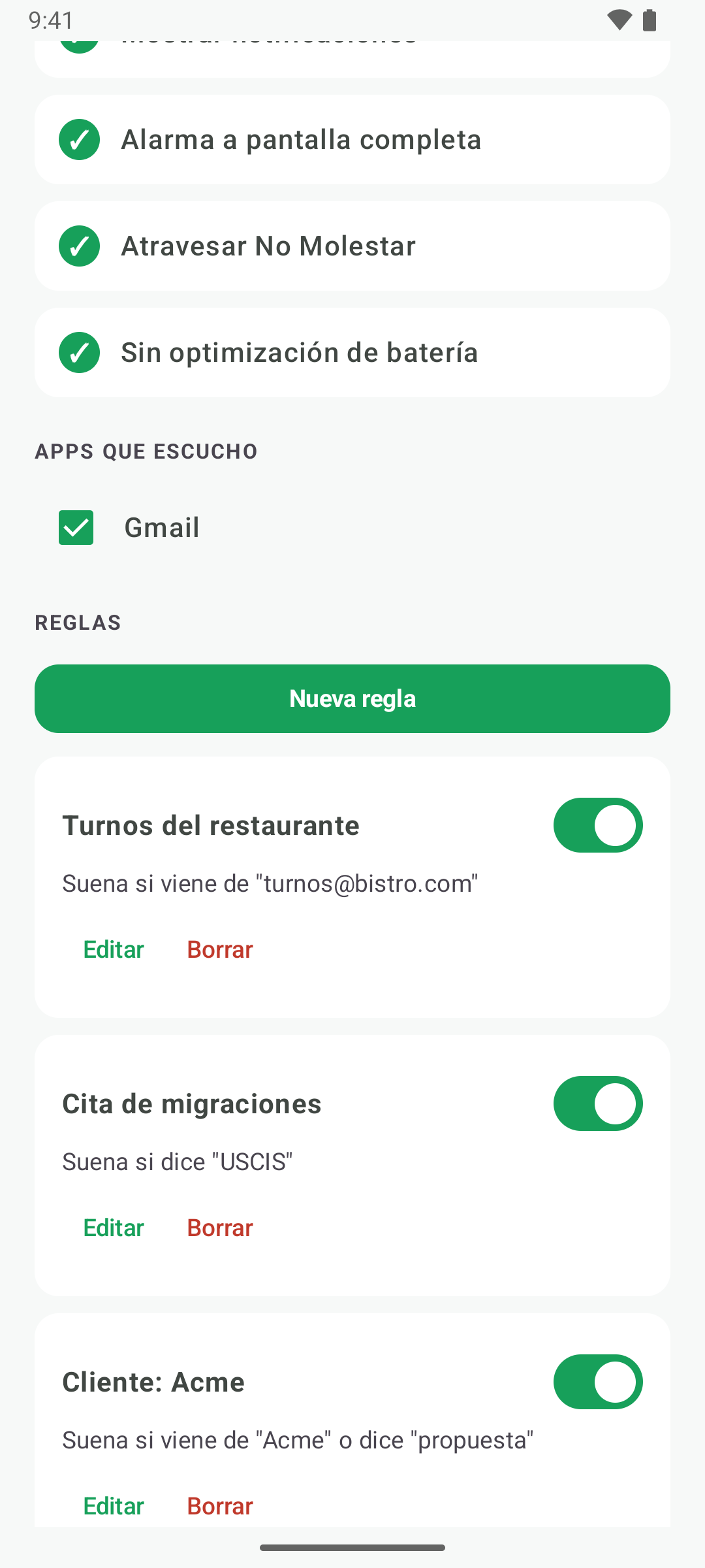La pantalla de reglas, con reglas para turnos del restaurante, una cita de migraciones y un cliente